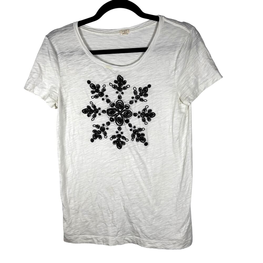 J.Crew Beaded Snowflake Tee Shirt White Heather Gray Embellished Small 33138